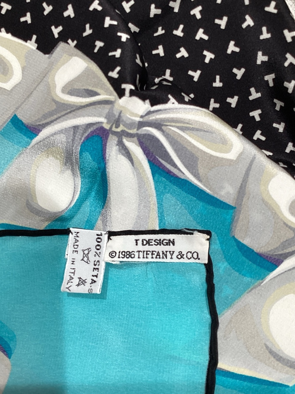 Tiffany & Co. Black Heart Print Scarf with Tiffany Blue Ribbon Border - Picture 3 of 10